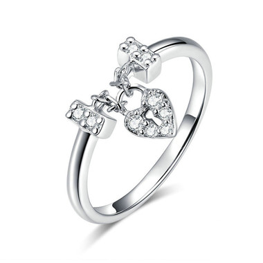 WHITE ZIRCON STERLING SILVER RING - HEART LOCK