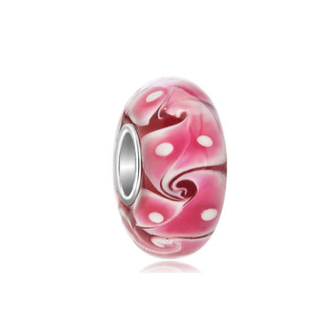 Pink Swirls Waves White Spots Murano Glass Beads