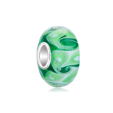 Green Swirls Waves White Spots Murano Glass Beads