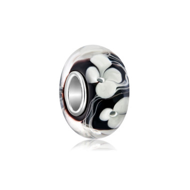 White Flower Clover Black Murano Glass Bead